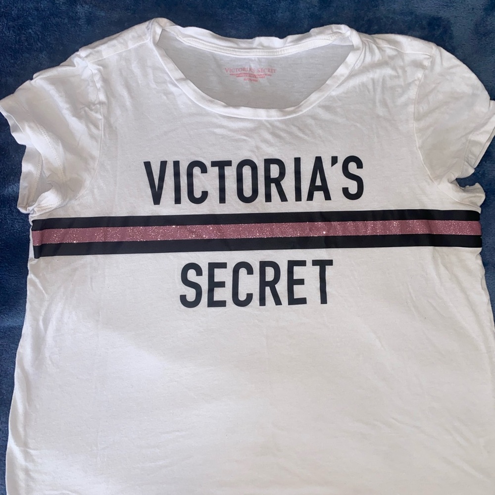 Victoria's Secret White Tee with Pink Signature Stripe Logo